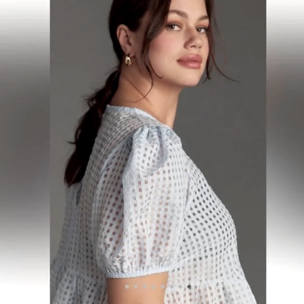 ANTHROPOLOGIE Maeve Short-Sleeve Semi Sheer Gingham Bubble Sleeve Blouse | L